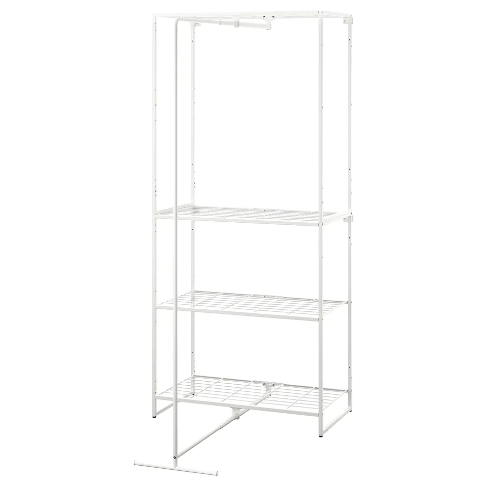 White JOSTEIN metal storage rack with three shelves and hanging rod.