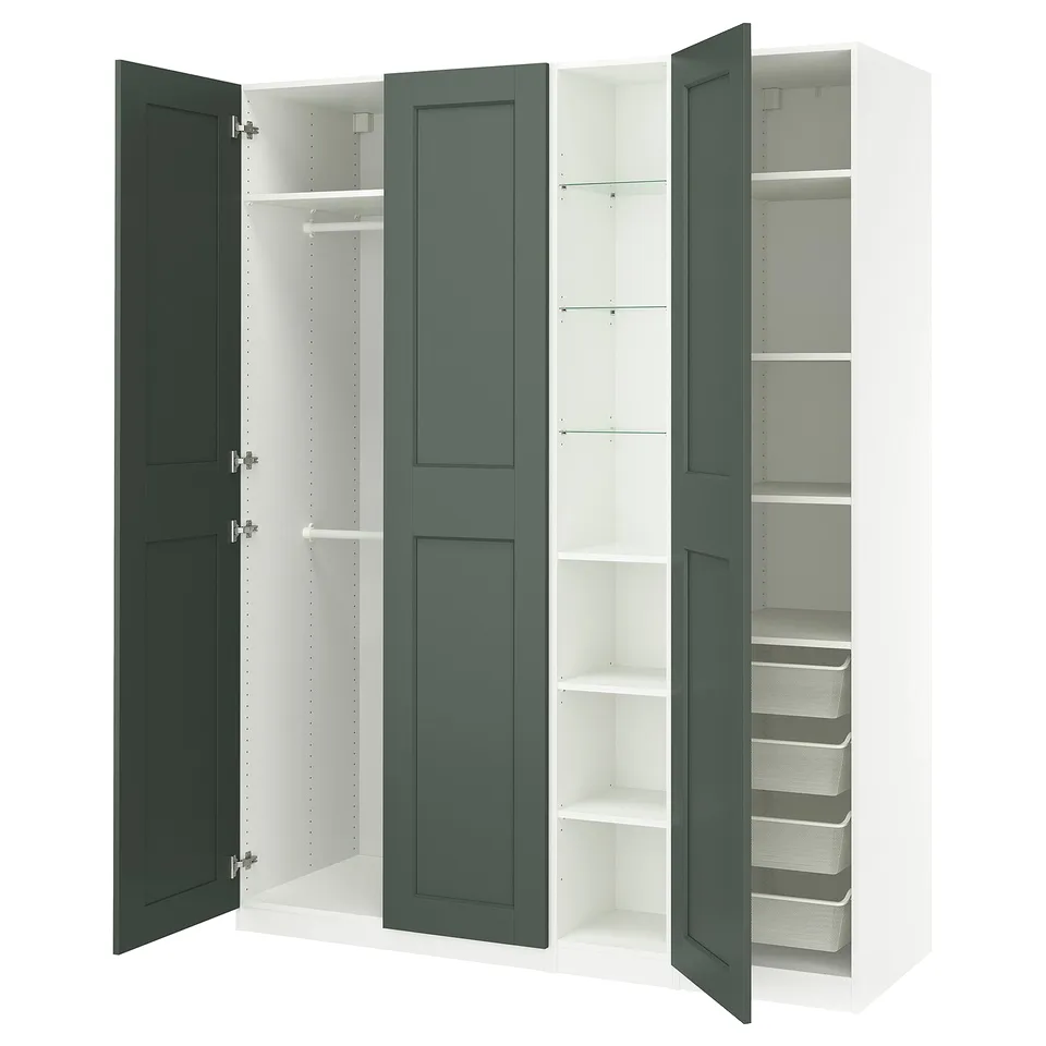 PAX / GRIMO Wardrobe combination, white grey-green/white, 185x60x236 cm