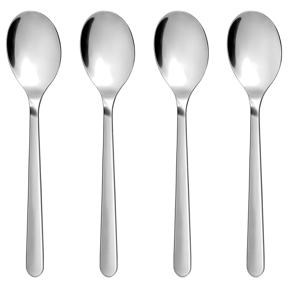 Four shiny silver spoons, identical in design, neatly arranged side by side, featuring a sleek, polished look.