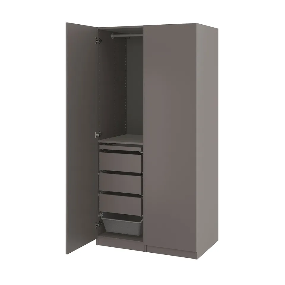 A grey PAX wardrobe with one door open, revealing shelves and drawers.