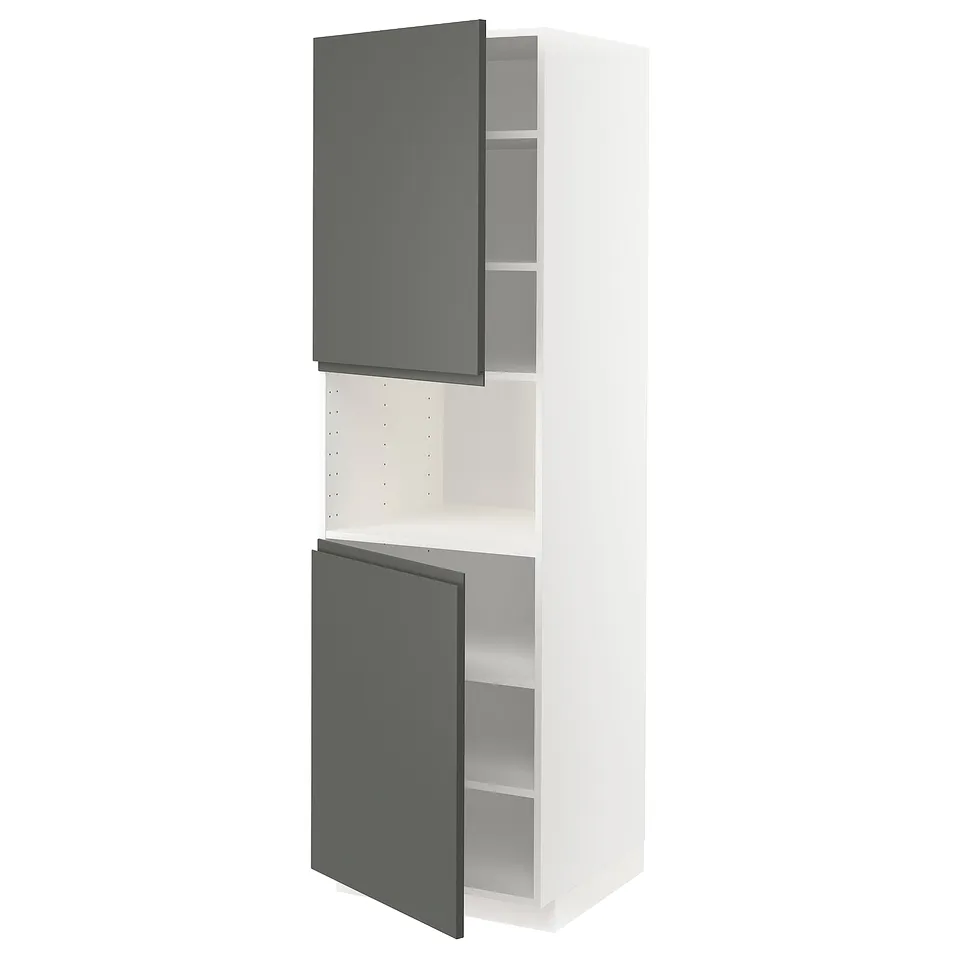 Modern white kitchen cabinet with two dark grey doors, adjustable shelf, slim design.