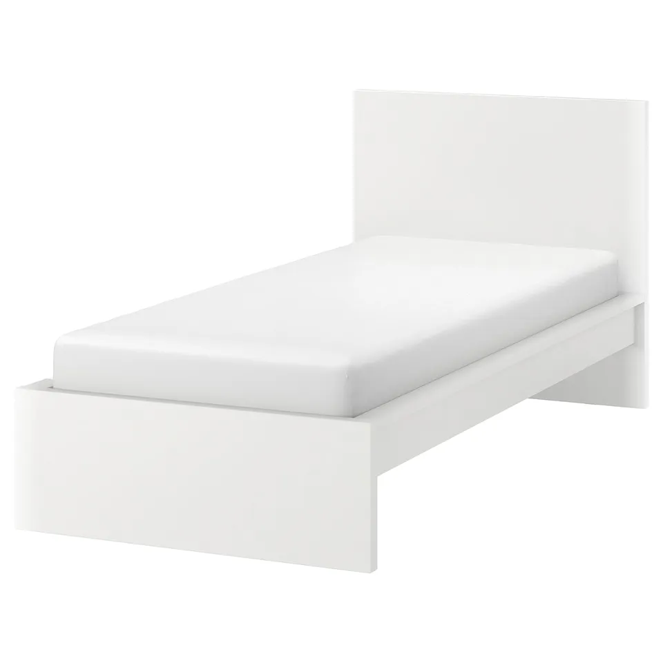 A white MALM bed frame with a high headboard, sleek design, and adjustable bed sides.