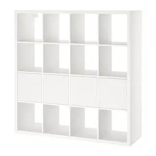 KALLAX set: shelving unit + insert with door x4, white, Width 147 x Depth 39 x Height 146.5 cm