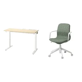 LÅNGFJÄLL/MITTZON set: desk + conference chair with armrests, birch veneer/white + Gunnared green-grey/white, 120x60 cm