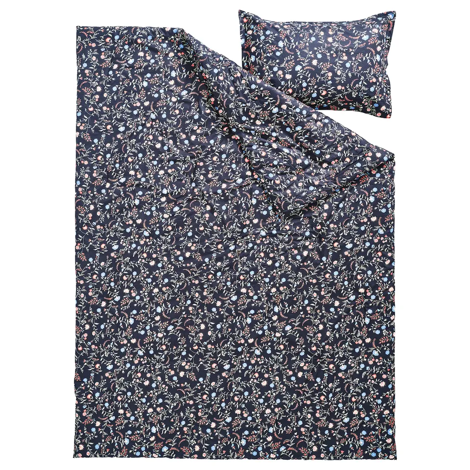 BRUDKRUSBÄR Comforter set, black/floral pattern, 150x200/50x80 cm