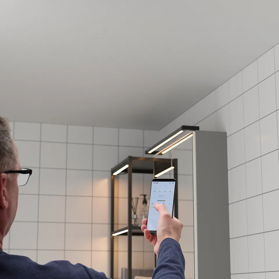 Person holds smartphone displaying app, controlling led bathroom lighting. Modern tiled room with illuminated mirror cabinet seen.
