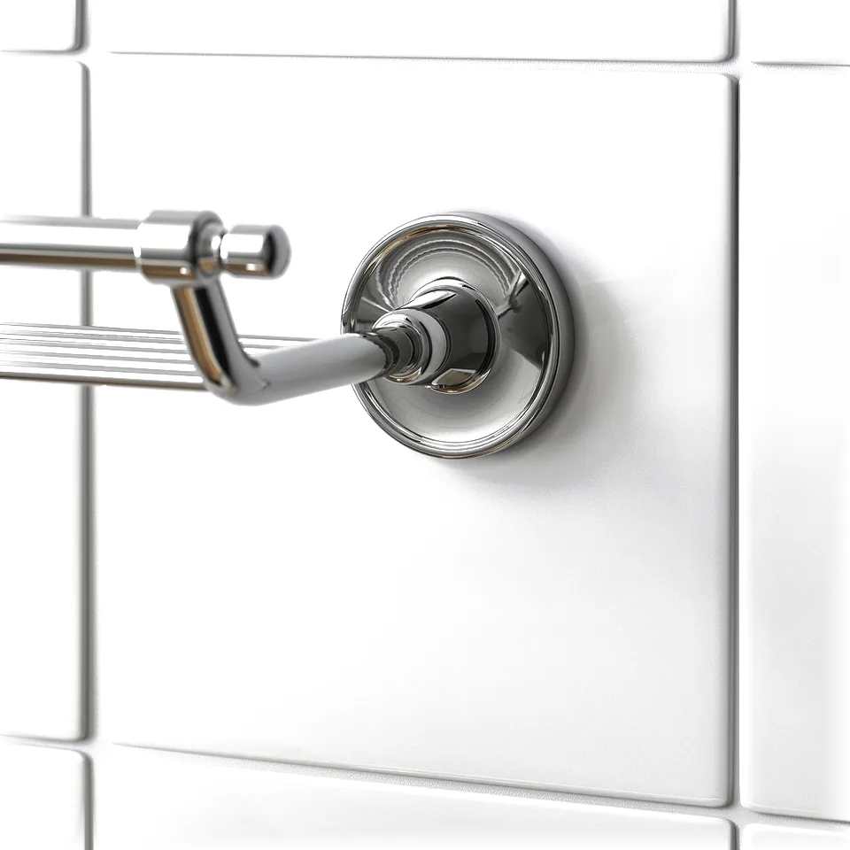 Elegant chrome-plated bathroom shelf mounted on white tiles, showcasing durable and corrosion-resistant design.