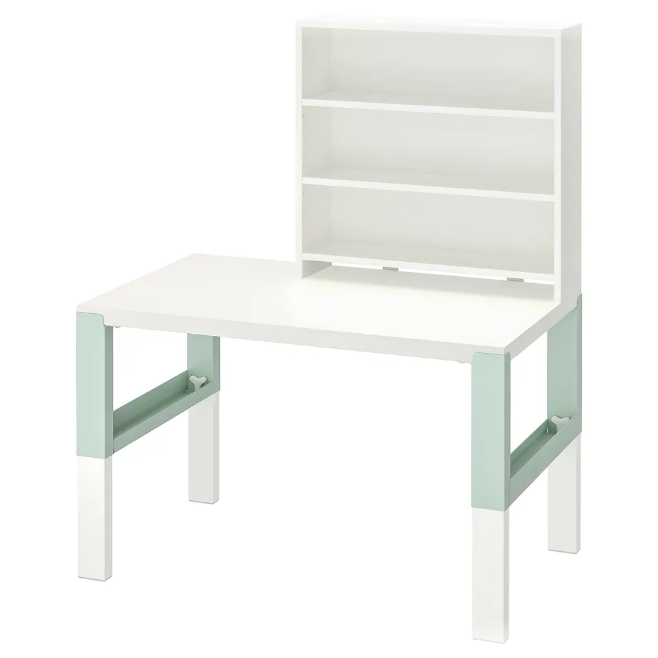 PÅHL Desk with shelf unit, height adjustable white/light green, 96x58 cm