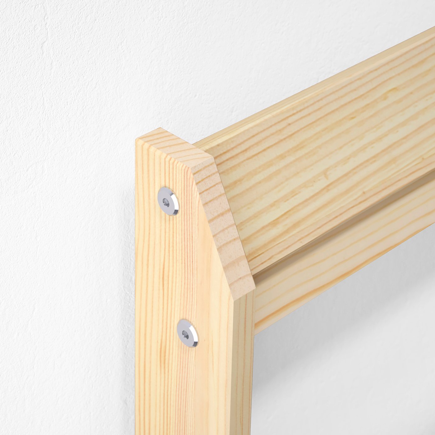 A wooden bed frame joint with sturdy construction, wooden grain, and metal bolts.