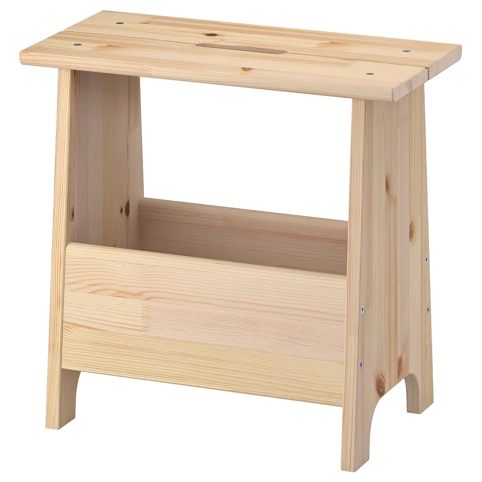 Wooden PERJOHAN stool. Natural colour. Rectangular shape. Simple design. Has cut-out handles for easy movement.