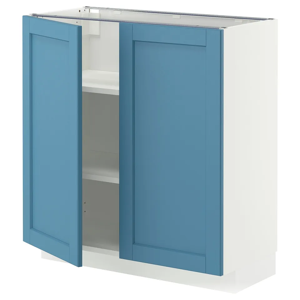 METOD Base cabinet with shelves/2 doors, white/Lerhyttan blue, 80x37 cm
