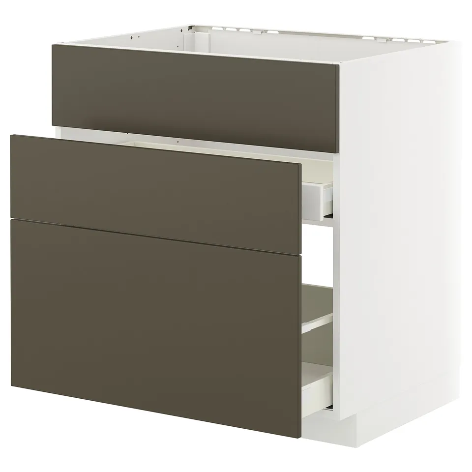 Ikea METOD kitchen unit with brown havstorp drawers and white frame.