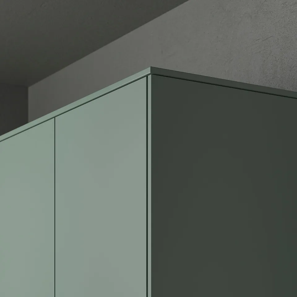 Modern grey-green kitchen cabinets with lighting