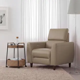 RULLERUM/LUBBAN Recliner, electric/Trolley table with storage, Grann/Bomstad beige + rattan/anthracite, Depth 94 x Width 97 cm