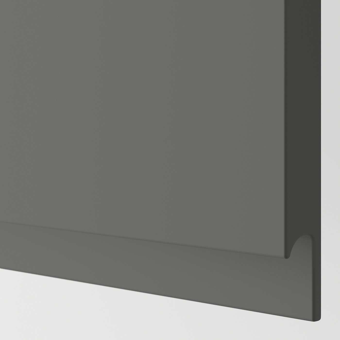 Image shows a close-up of a modern, sleek, and sturdy dark grey kitchen cabinet drawer with integrated handle detail for smooth operation.