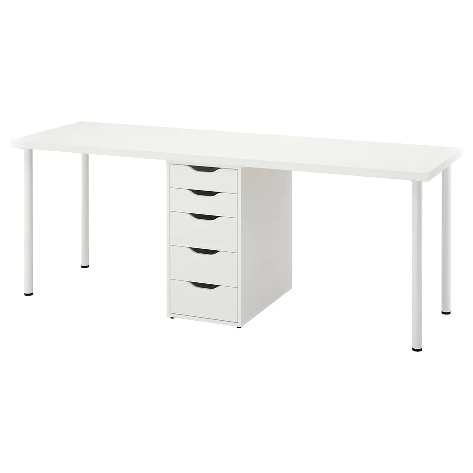 LAGKAPTEN desk in white with four drawers, rectangular shape, modern minimalist design.