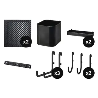 SKÅDIS set: pegboard x2 + container + shelf x2 + hook rack + hook x3 + hook x2, black, 56x56 cm