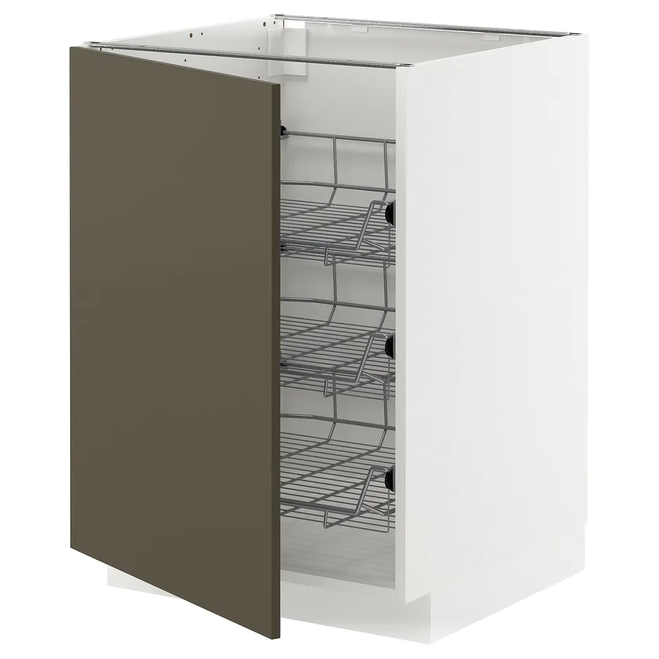 METOD kitchen cabinet: white with brown door, wire shelving, modern design.