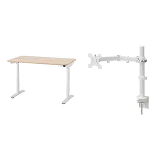 BOLLSIDAN/STUBBERGET set: desk sit/stand + bracket for monitor, electric white stained oak effect/white + white, Width 120 x Depth 70 cm