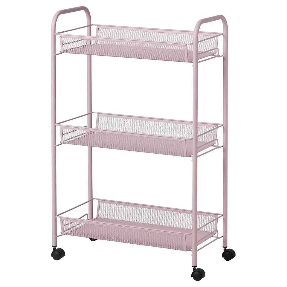 A pink HORNAVAN metal storage trolley with three mesh shelves on wheels.