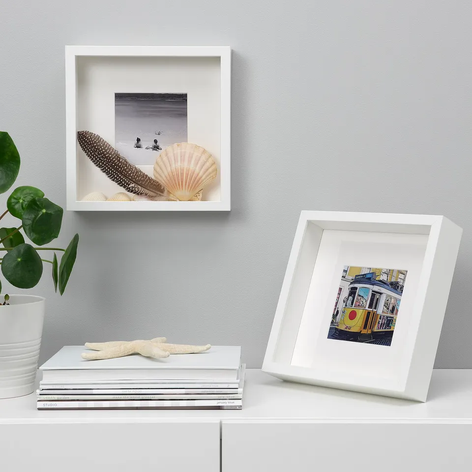 White shelf with seashell photo, drawing, books, starfish, plant.