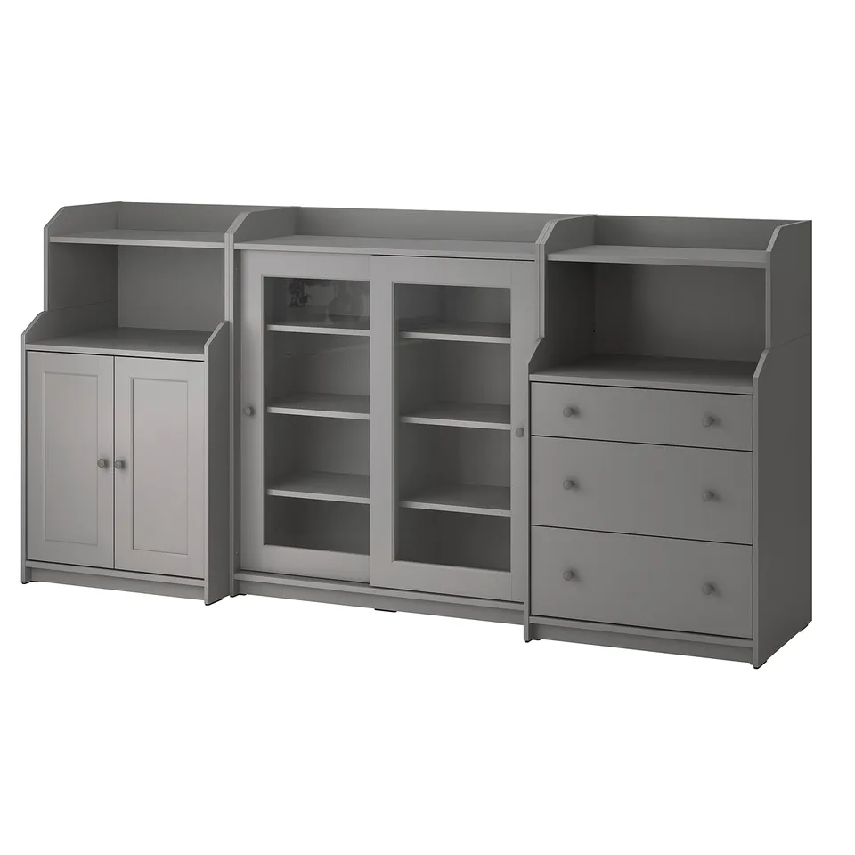 HAUGA: glass, 2-solid doors, 3-drawer chest.