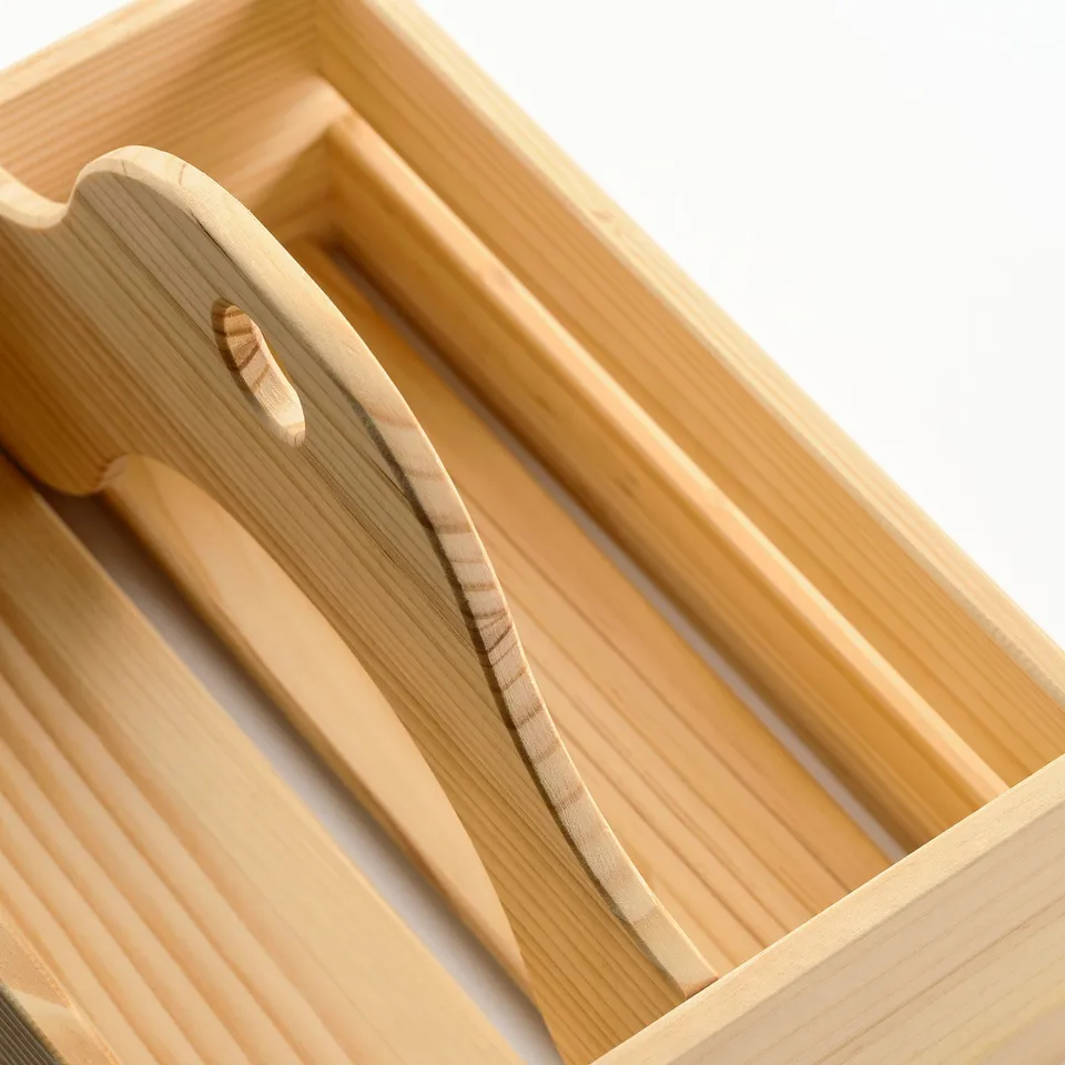 Wooden box with curved divider; natural finish. Curved divider in sleek wooden box.
