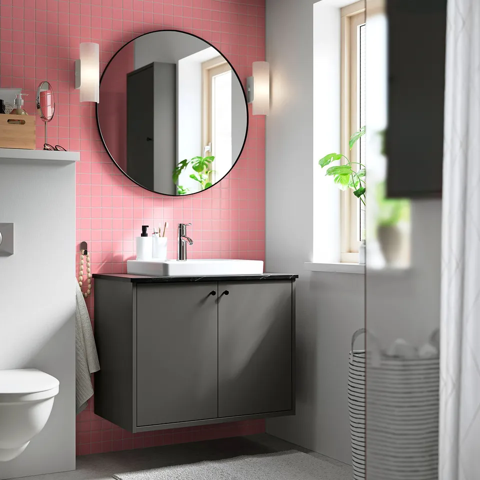 HAVBÄCK / ORRSJÖN Wash-stnd w doors/wash-basin, dark grey/black marble effect, 82x49x71 cm