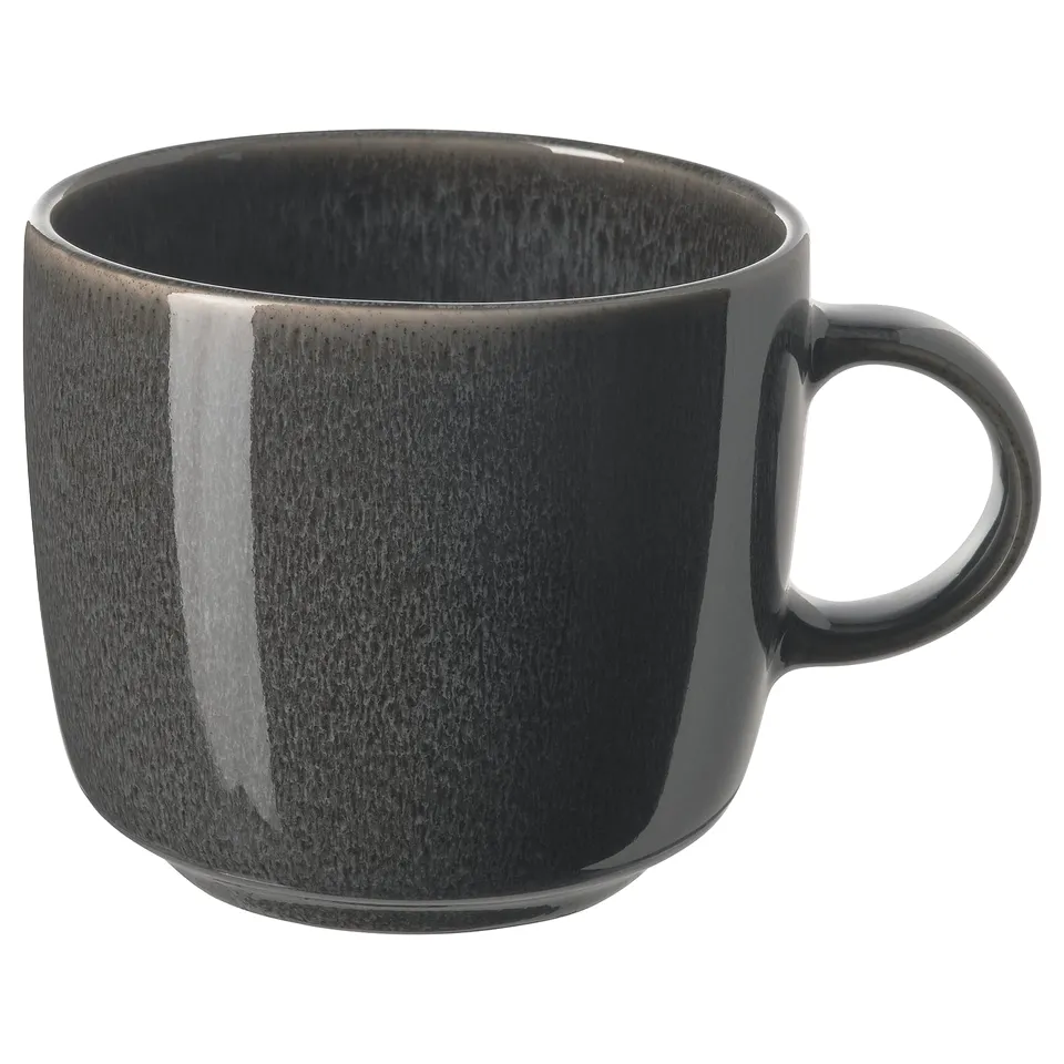 GLADELIG mug, dark grey, stoneware, round shape, reactive glaze finish.
