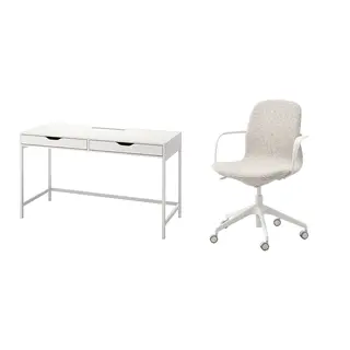 ALEX/LÅNGFJÄLL set: desk + conference chair with armrests, white + Gunnared beige/white, 132x58 cm