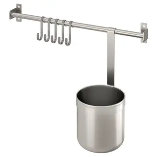 KUNGSFORS rail with 5 hooks and 1 container, stainless steel, 40 cm