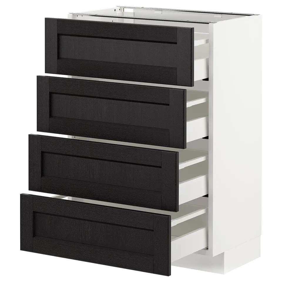 METOD kitchen unit with 4 black-stained ash drawers, modern design, white frame.
