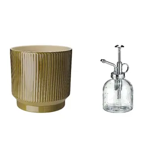 HONUNGSPALM/SESAMFRÖN set: plant pot + plant mister, in/outdoor/green + clear glass