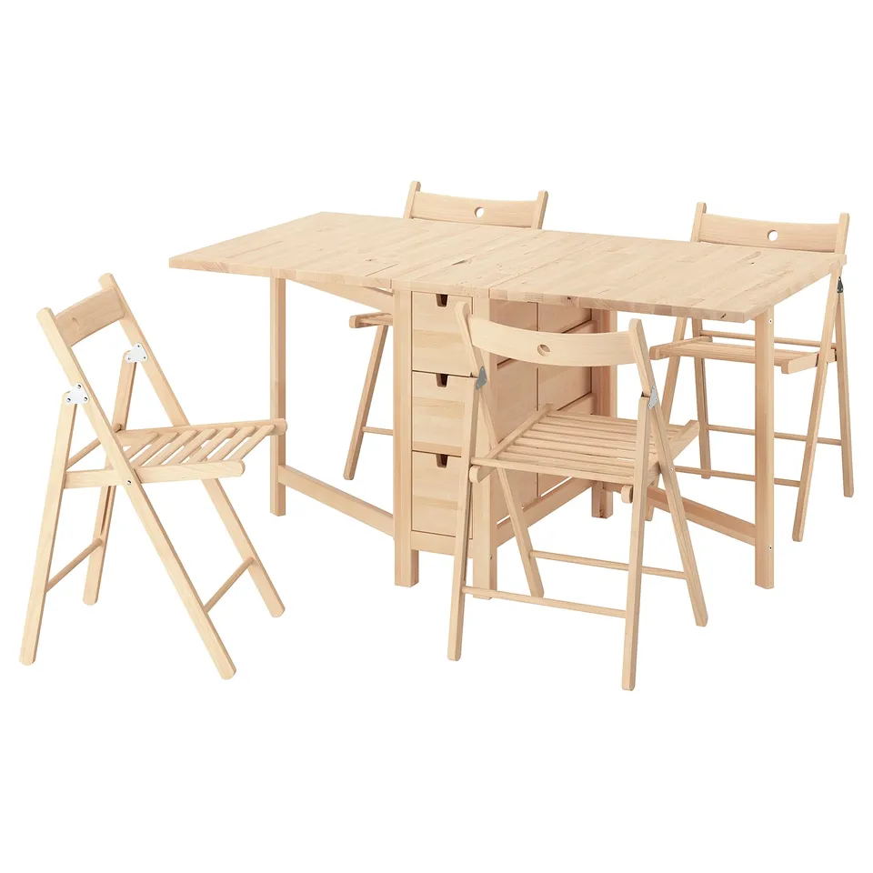 IKEA NORDEN light wood dining set with foldable chairs.