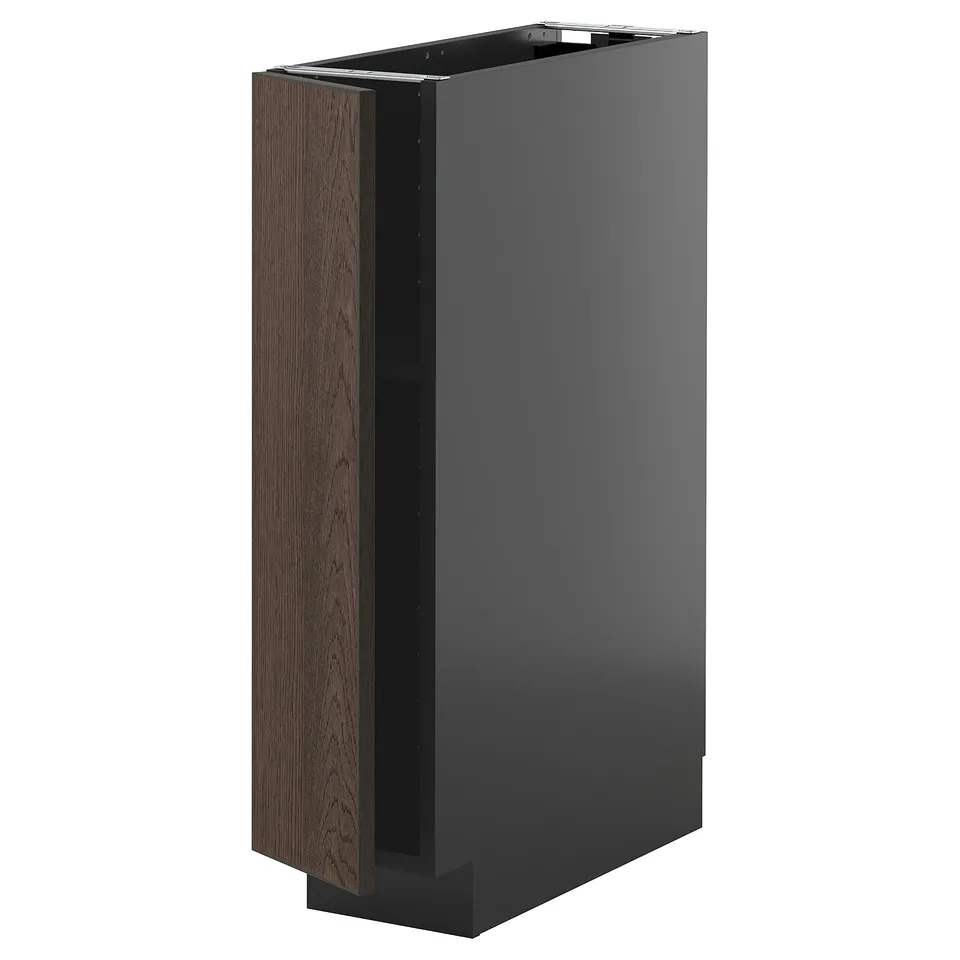 A stylish, modern black and dark brown kitchen cabinet with sleek design and wooden accents.