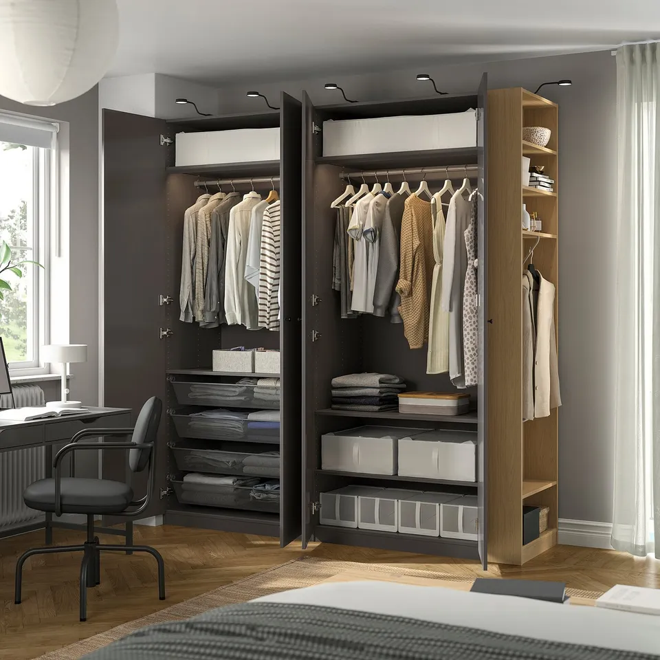 PAX / FORSAND Wardrobe combination, dark grey dark grey/oak effect, 220x60x236 cm