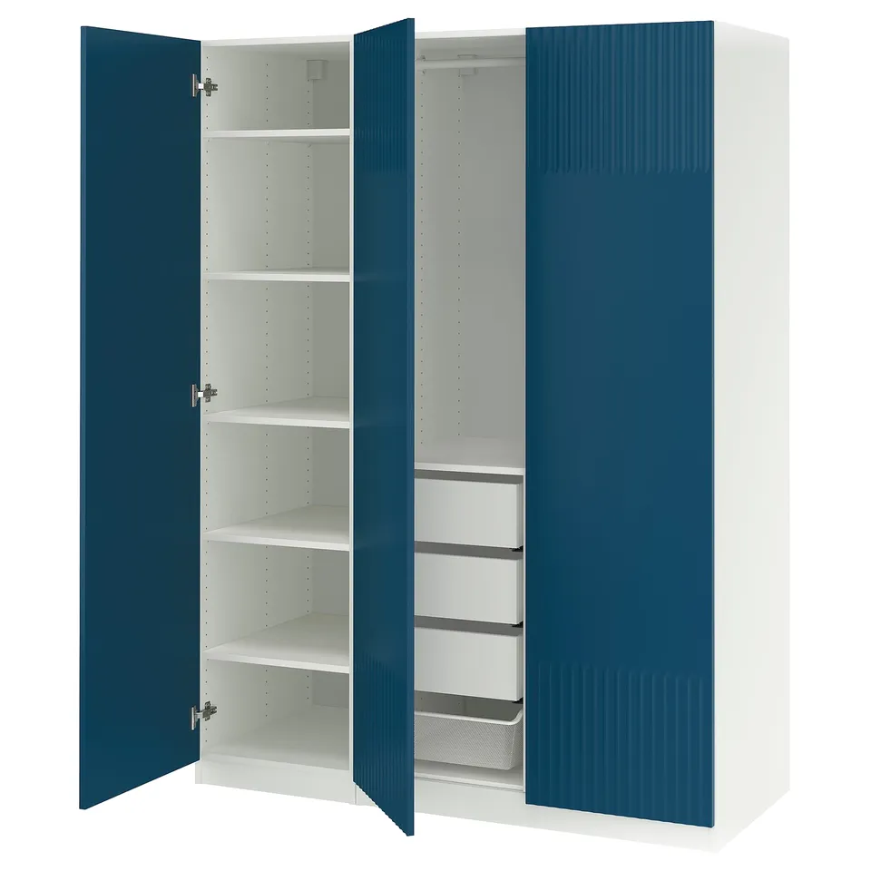 Blue & white PAX wardrobe, open showing shelves, mesh basket.