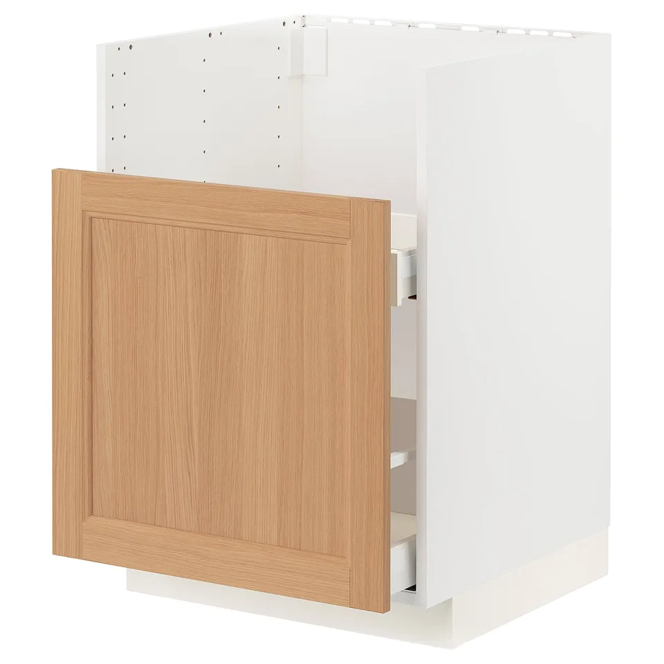 METOD kitchen cabinet with oak door. White, rectangular, modern design.