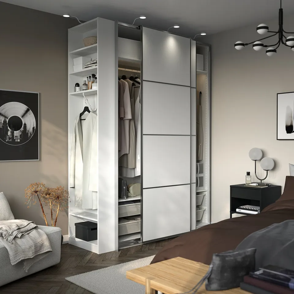 PAX / MEHAMN Wardrobe with sliding doors, white aluminium/white white, 170x66x236 cm