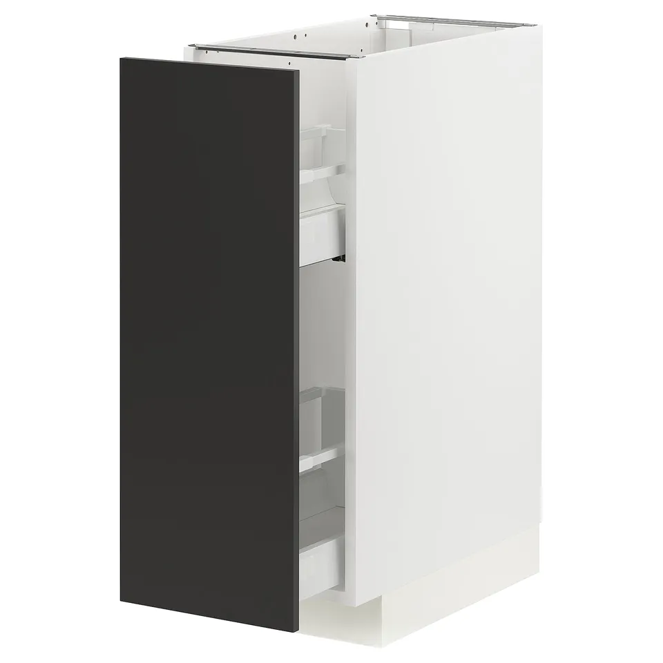 Modern white ikea METOD kitchen cabinet with black drawer, sleek & contemporary.