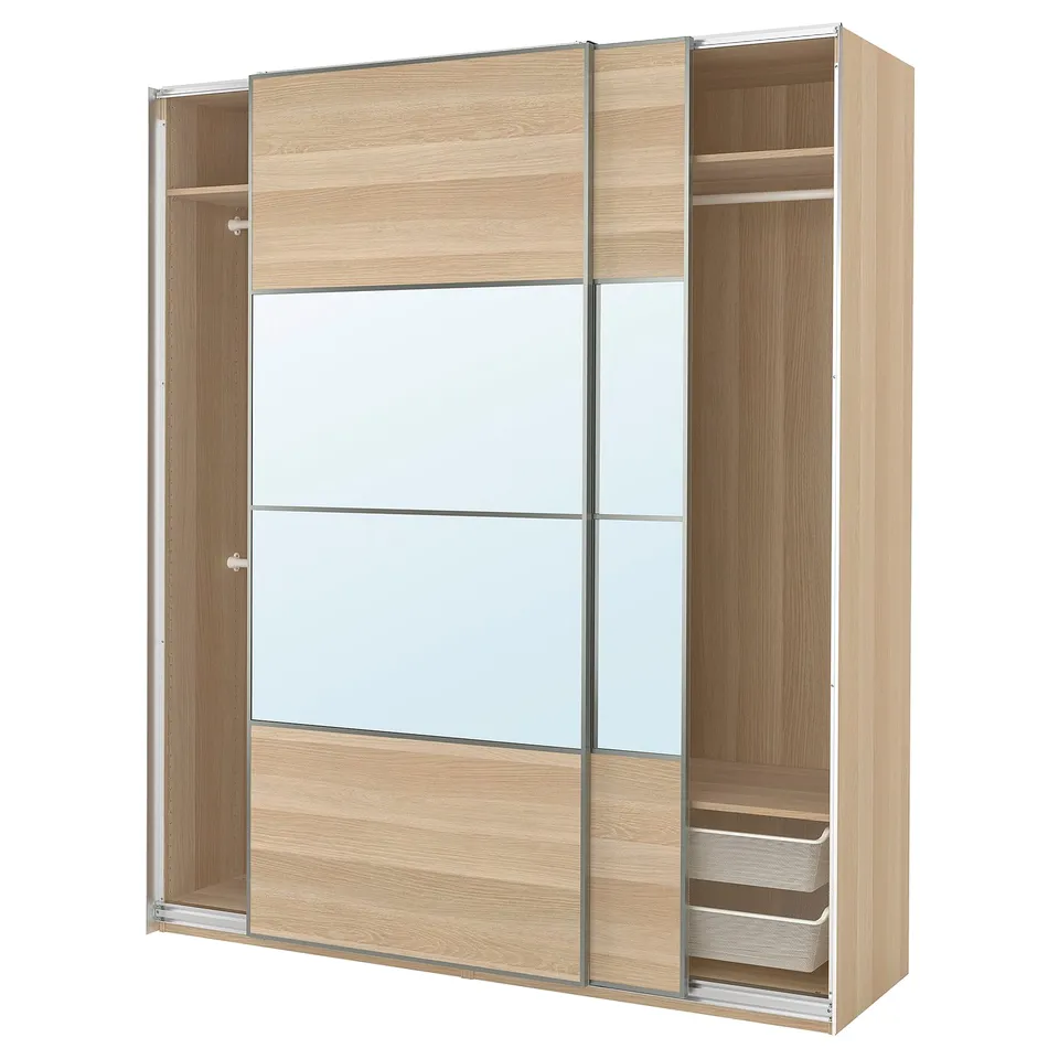 Modern light wood PAX wardrobe with sliding mirrored doors and open shelves.