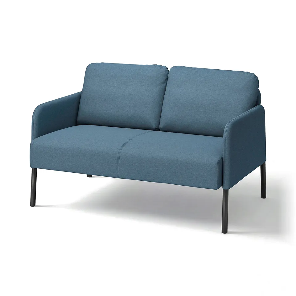 Blue GLOSTAD sofa, modern design with padded armrests, dark legs, polyester fabric.
