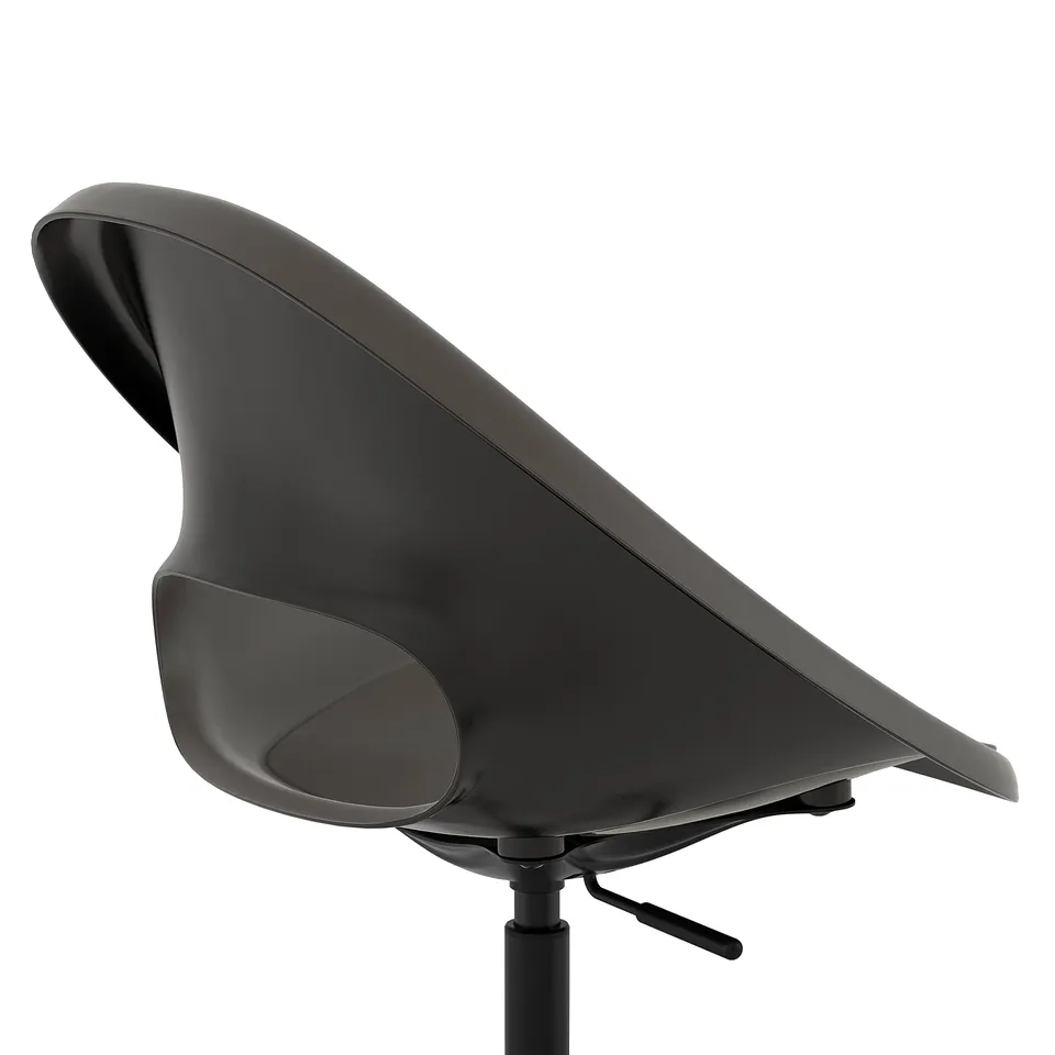 Black modern office chair with sleek design and curved back for support.
