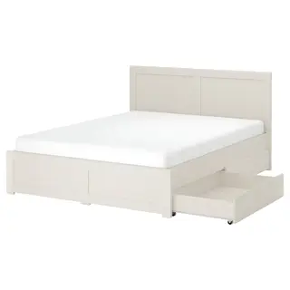 FÅGELFJÄLLET bed frame with 4 storage boxes, off-white, 150x200 cm