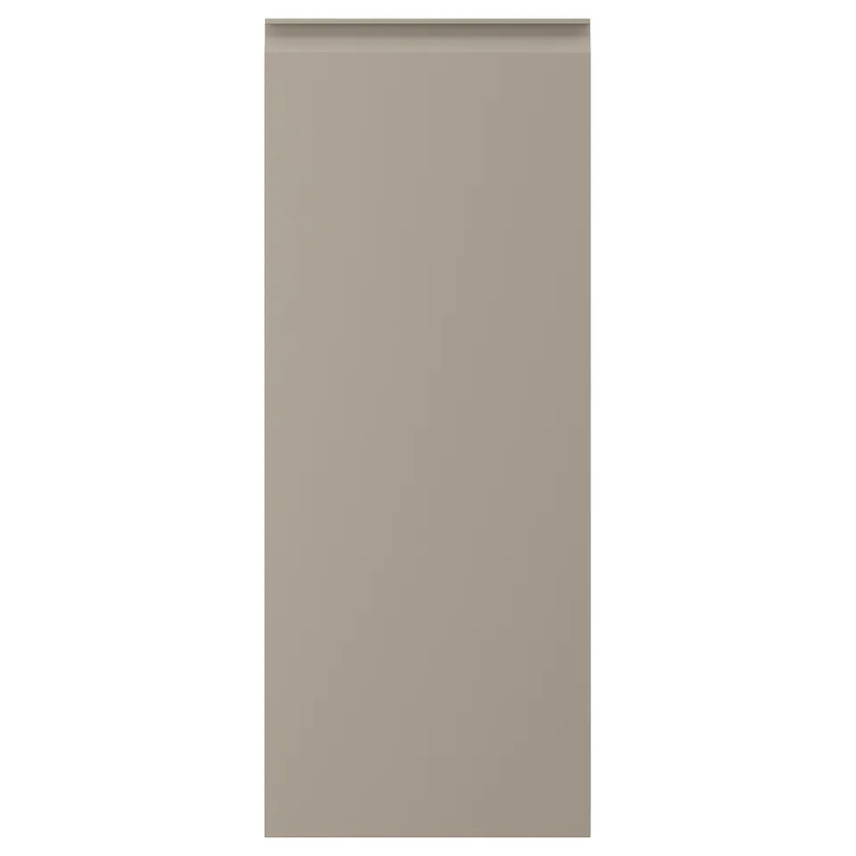 Beige kitchen cabinet door with recessed handles. Rectangular, flat, sleek design.