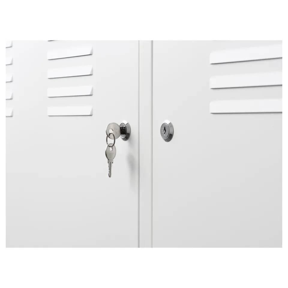 White metal cabinet with two locks, keys, and mgo boards for ventilation. Clean design, durable material.