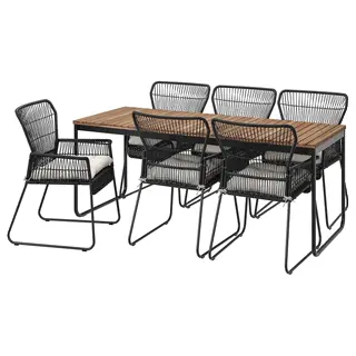 VÄSMAN / TALLSKÄR table+6 chairs w armrests, outdoor, extendable light brown stained/anthracite Kuddarna light grey-beige, 135x190/74 cm
