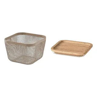 IKEA set: basket + lid, metal/light grey-brown + square/bamboo, 14x14x10 cm