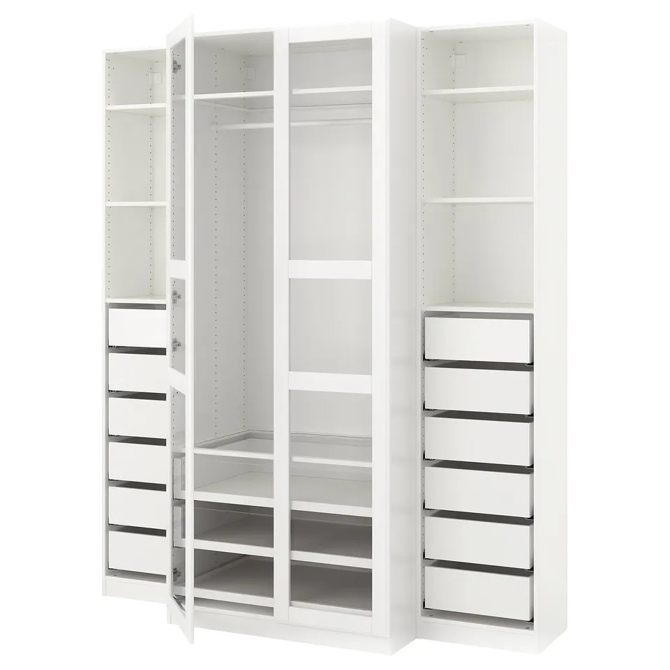 A white ikea PAX wardrobe with sliding doors and glass-fronted storage compartments, offering a modern, minimalist design.