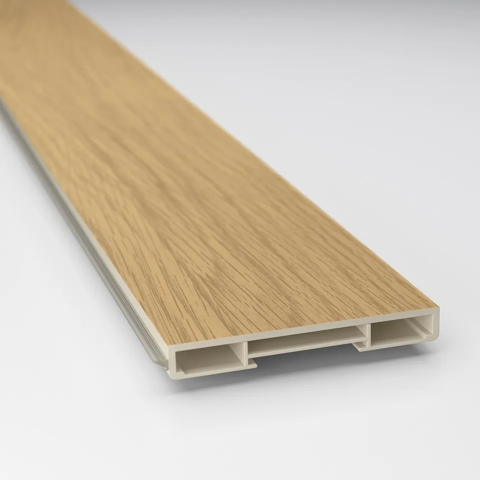 Light wood-grain kitchen plinth in sleek modern style. Shows quality plastic finish with smooth, practical surface.